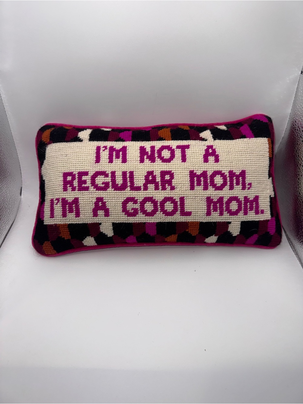 Furbish Embroidered 'I'm a Cool Mom' Decorative Lumbar Pillow in Pink & Cream